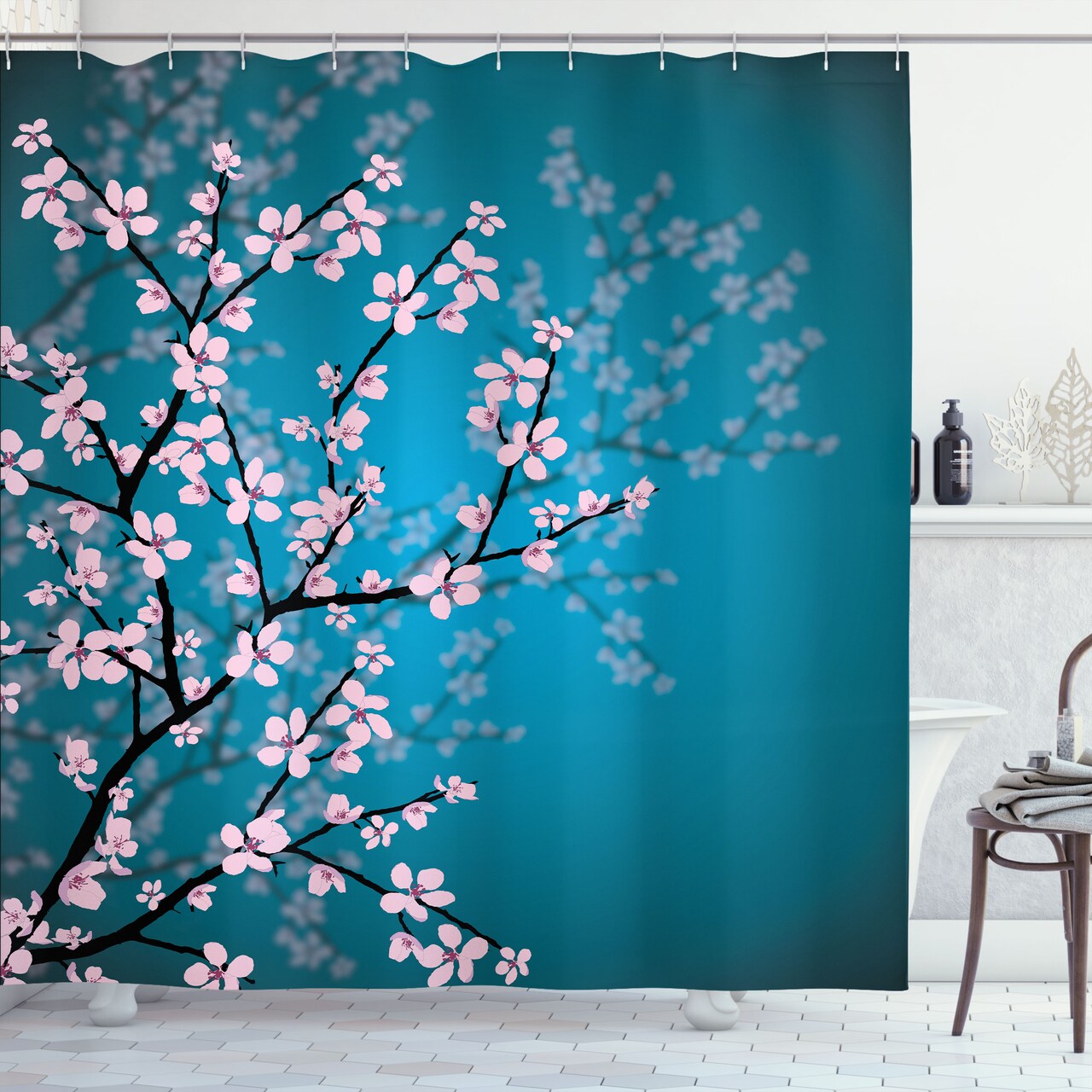 Ambesonne Japanese Decorative Shower Curtain for Bathroom & Guestroom Spring Season Culture Sakura Bloom Design Marine Toned Ombre Background Cloth Fabric Essential Accessories 69" W x 70" L Blue Pink